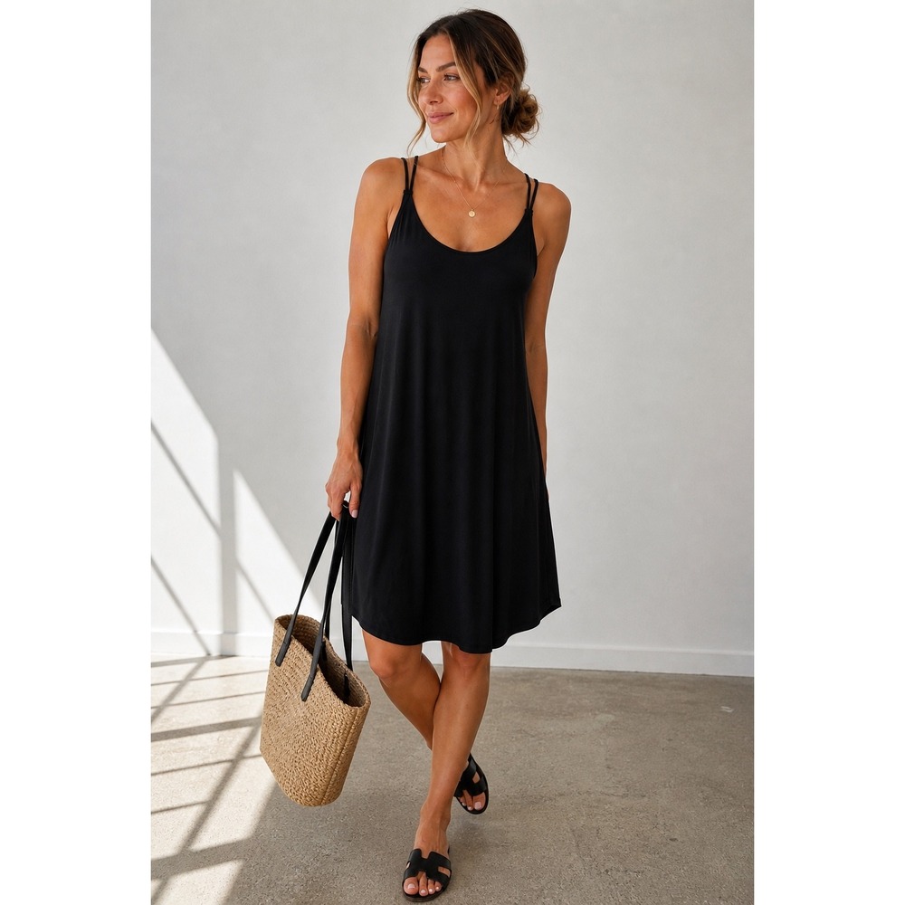 LOFT Black Strappy Swing Dress Women's Large Minimalist Capsule Summer Throw On